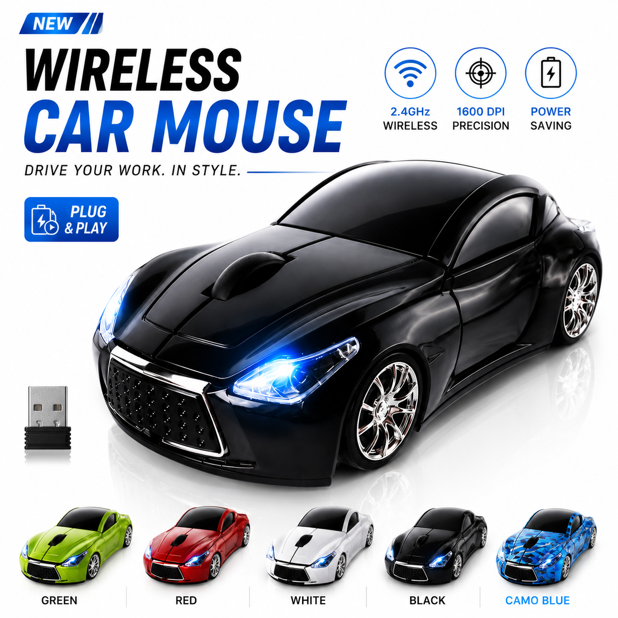 Premium Sports Car Wireless Mouse – Plug & Play USB Mouse for PC & Laptop