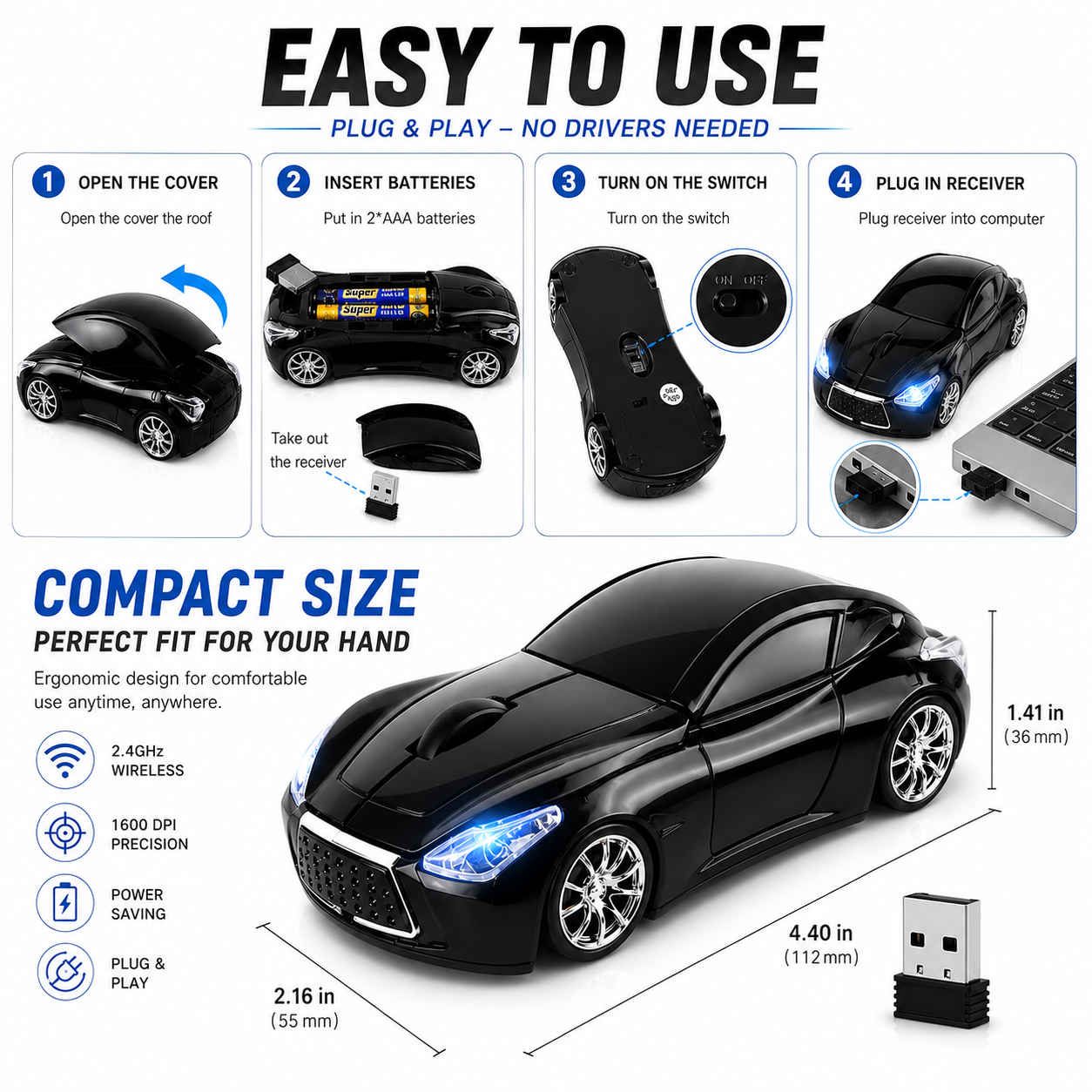 Premium Sports Car Wireless Mouse – Plug & Play USB Mouse for PC & Laptop