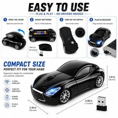 Premium Sports Car Wireless Mouse – Plug & Play USB Mouse for PC & Laptop